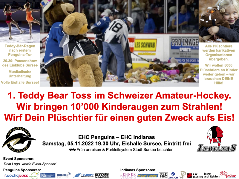 EHC Penguins – EHC Indianas, Grosser Teddy Bear Toss in Sursee, 05.11.2022 19.30 Uhr