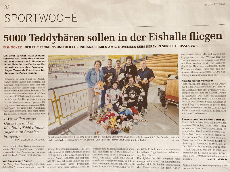 Teddy Bear Toss 05.11.2022: Bericht der Surseer Woche: 5000 Teddybären sollen in der Eishalle fliegen